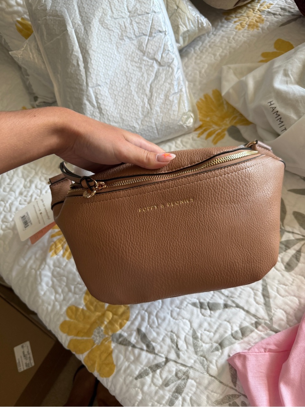 Poppy & Peonies Tan Pebbled Leather Satchel with Gold Hardware